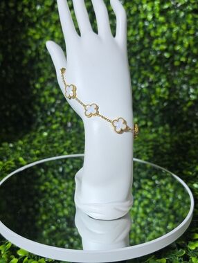 18K Plated Gold and White Clover Link Bracelet - Women Jewelry
